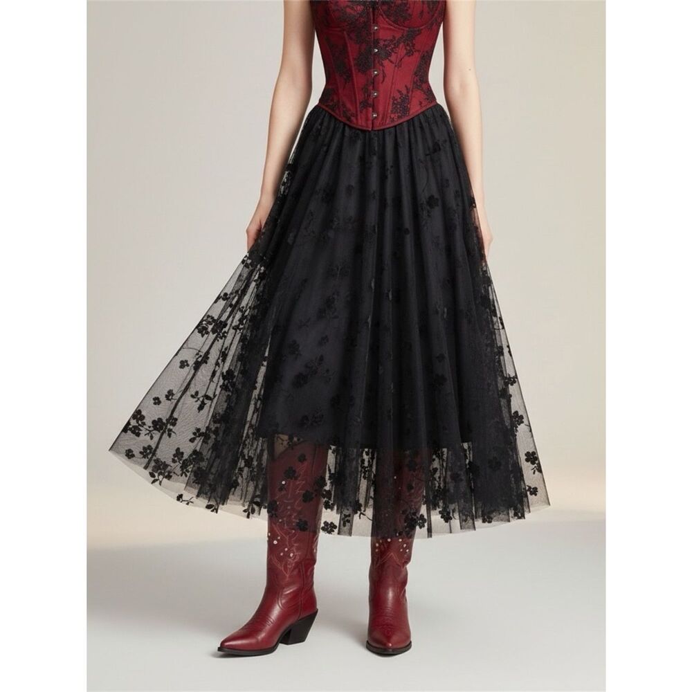 Black Floral Embroidered Midi Skirt - Western Goth Whimsigoth NWT - Picture 3 of 4